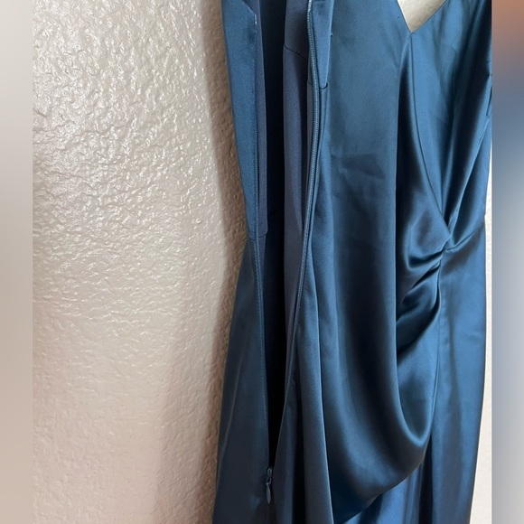 Delightful Allure Dark Blue Satin Pleated Backless Maxi Dress - Picture 7 of 8